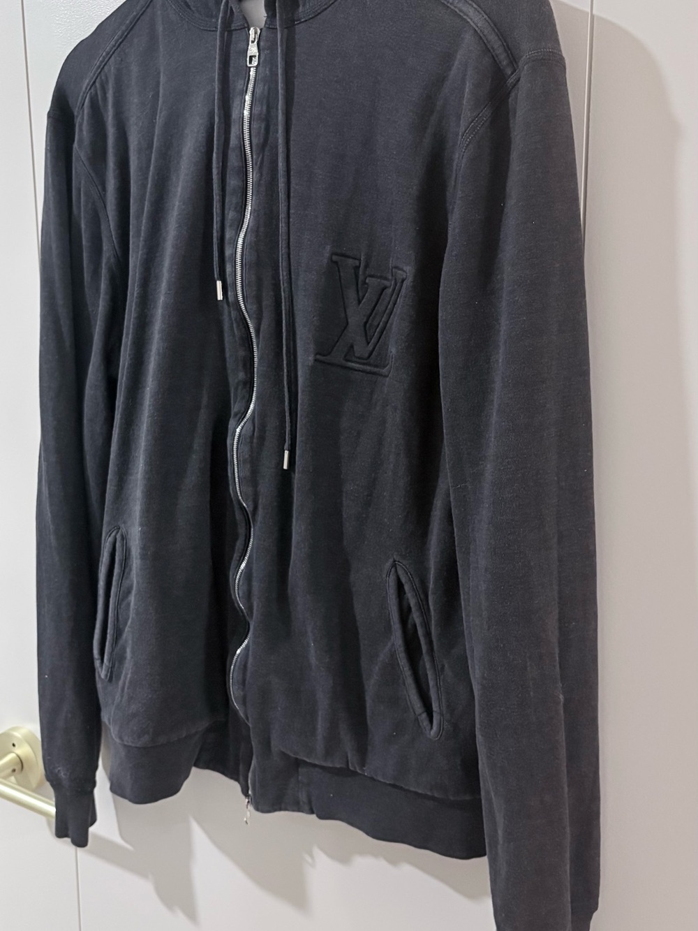 Louis Vuitton Men's Dark Charcoal Gray Full-Zip Hoodie - Embossed LV Logo (XL)